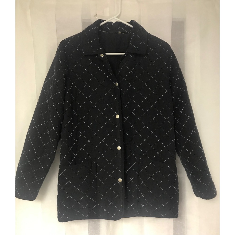 Go Silk Black Quilted 100% Silk Jacket Diamond Stitch Snap Front Womens‎ Medium